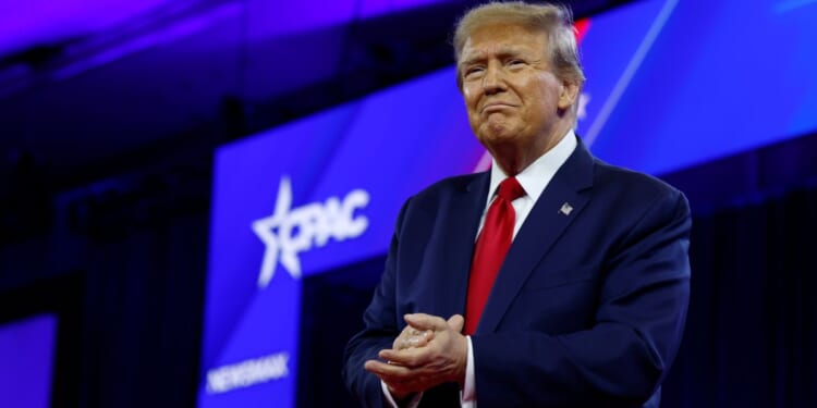 Republican presidential candidate and former U.S. President Donald Trump speaks at the Conservative Political Action Conference at the Gaylord National Resort Hotel And Convention Center Saturday in National Harbor, Maryland.