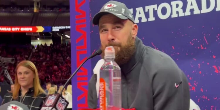 Kansas City Chiefs tight end Travis Kelce listens to questions at a Super Bowl press conference this week in Las Vegas.