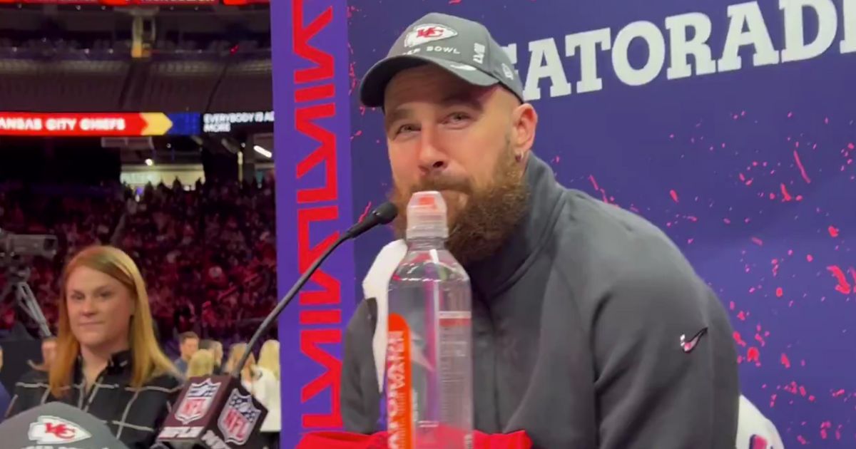 Kansas City Chiefs tight end Travis Kelce listens to questions at a Super Bowl press conference this week in Las Vegas.