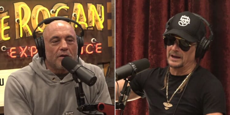 Joe Rogan, left, talks to Kid Rock, right, on his podcast.