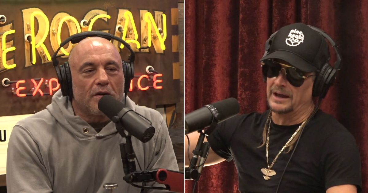 Joe Rogan, left, talks to Kid Rock, right, on his podcast.