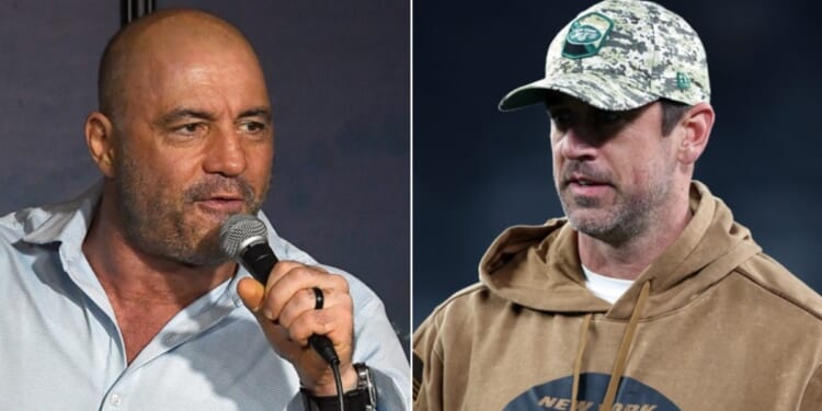 Podcaster Joe Rogan, left; New York Jets quarterback Aaron Rodgers, right.