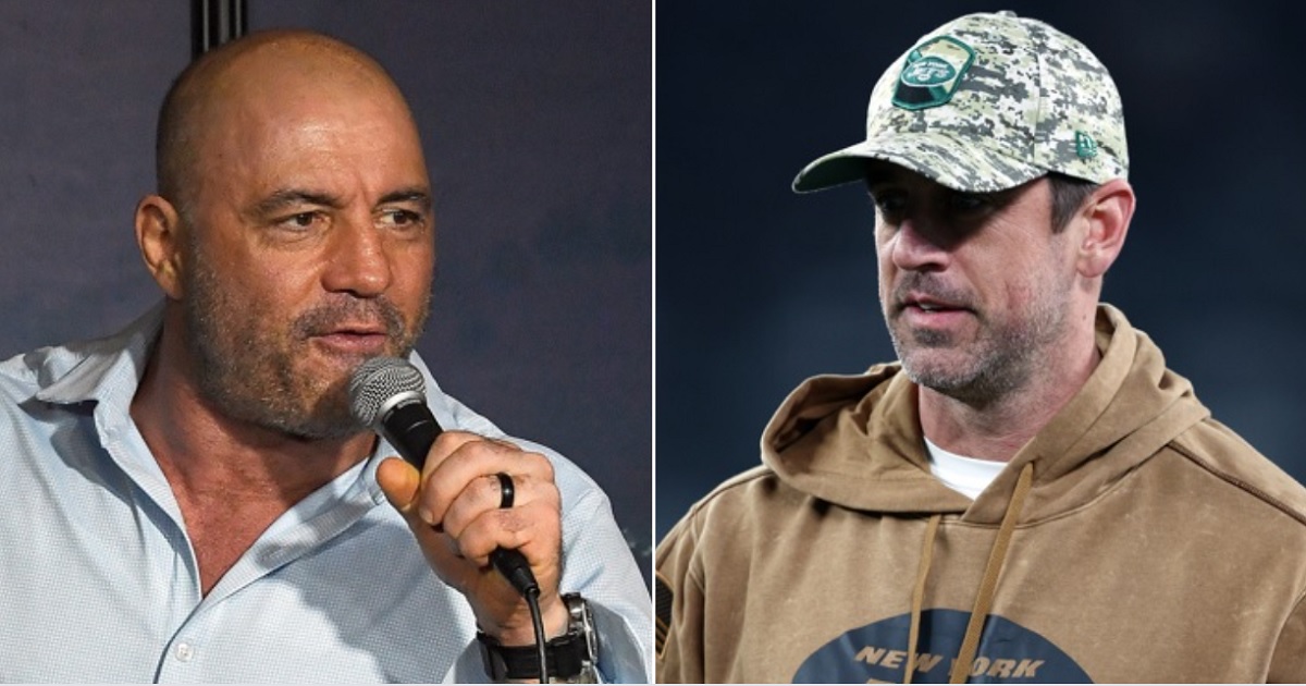 Podcaster Joe Rogan, left; New York Jets quarterback Aaron Rodgers, right.