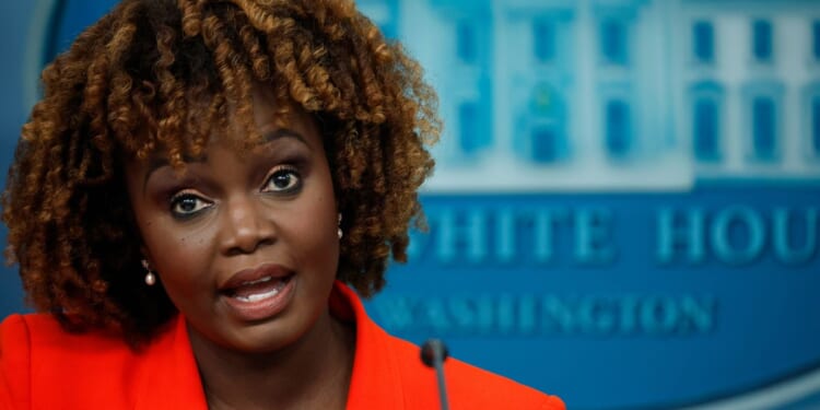 White House press secretary Karine Jean-Pierre talks to reporters during the daily news conference in the Brady Press Briefing Room at the White House in Washington on Wednesday.