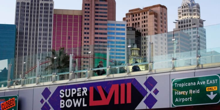 A sign for Super Bowl 58 adorns a pedestrian walkway across the Las Vegas Strip ahead of the Feb. 11 Super Bowl in Las Vegas.