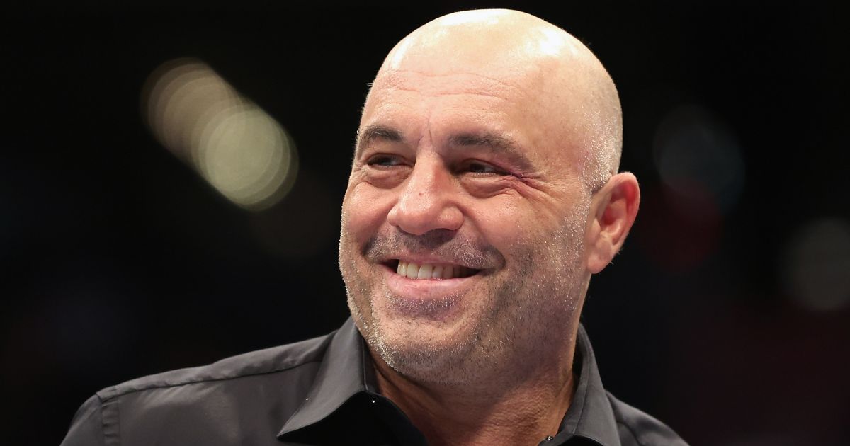 Color commentator Joe Rogan looks on during UFC 274 at Footprint Center in Phoenix on May 7, 2022.