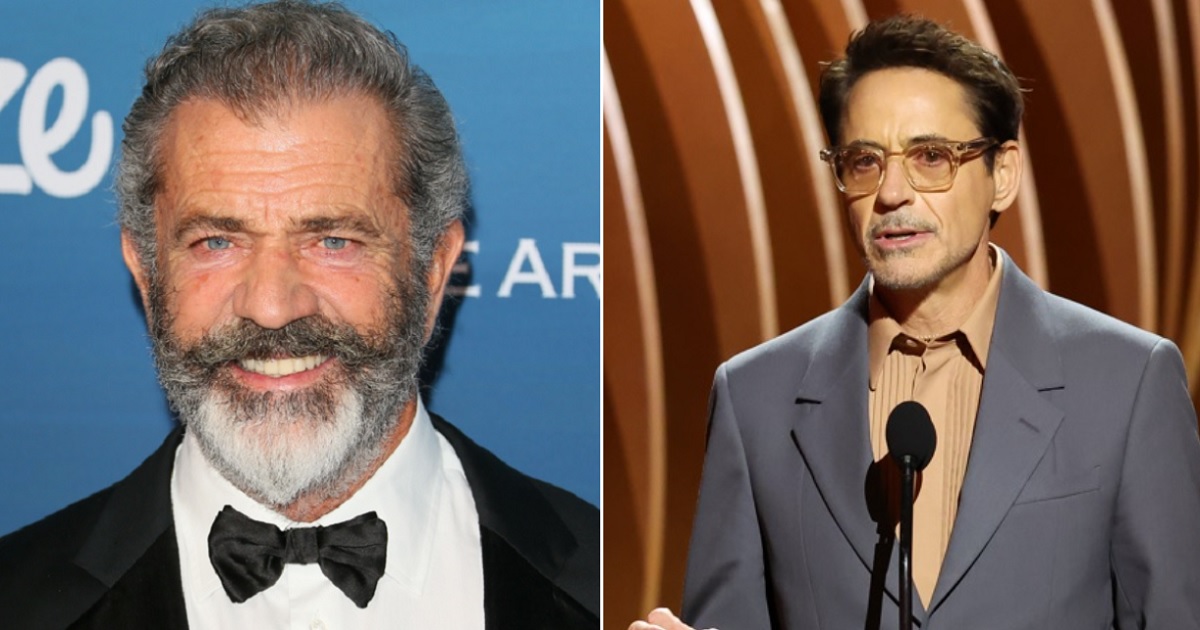 Actor and director Mel Gibson, left; actor Robert Downey Jr., right.