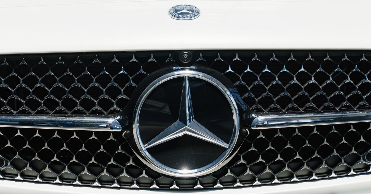 A stock photo shows the grill of a white Mercedes CLS in Rostov-on-Don, Russia, on May 7, 2022.