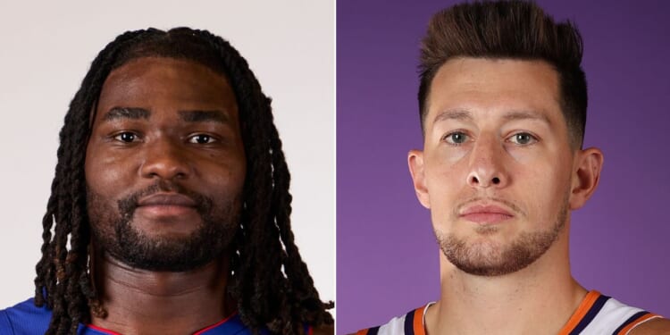 Isaiah Stewart of the NBA's Detroit Pistons, left, was arrested for allegedly assaulting Drew Eubanks of the Phoenix Suns, right.