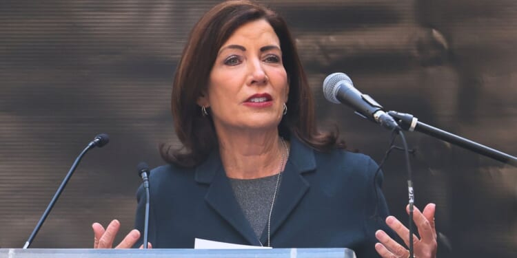 New York Gov. Kathy Hochul speaks at Dag Hammarskjold Plaza near the United Nations' headquarters in New York City on Jan. 12.