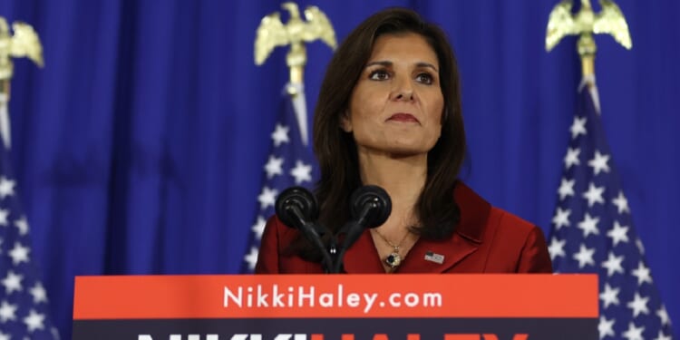 Former United Nations Ambassador and former South Carolina Gov. NikkiRepublican speaks during her primary election night trouncing at the hands of former President Donald Trump in the Republican South Carolina primary on Saturday.