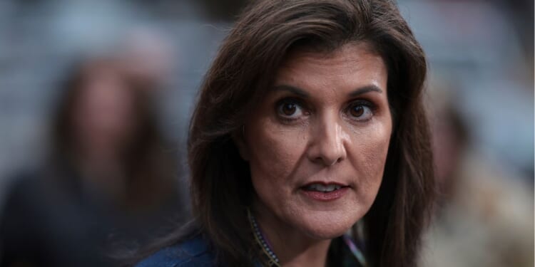 Republican presidential candidate Nikki Haley speaks during a media availability before a campaign event in Irmo, South Carolina, on Saturday.