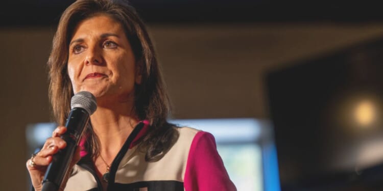 Republican presidential candidate, former UN Ambassador Nikki Haley speaks during a campaign rally Thursday at the Doc's Barbeque and Southern Buffet restaurant, in Columbia, South Carolina.