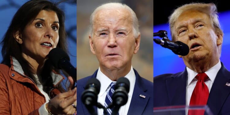 A recent poll shows the Republican hopeful Nikki Haley, left, is trailing President Joe Biden, middle. However, former President Donald Trump, right, is ahead of Biden, according to the poll.