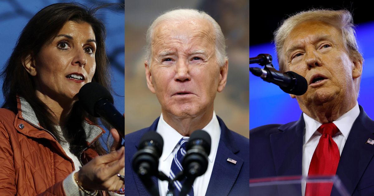 A recent poll shows the Republican hopeful Nikki Haley, left, is trailing President Joe Biden, middle. However, former President Donald Trump, right, is ahead of Biden, according to the poll.