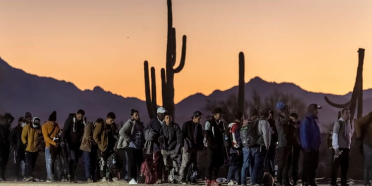 Illegal immigrants line up at a remote U.S. Border Patrol processing center in Lukeville, Arizona, on Dec. 7 after crossing the U.S.-Mexico border.