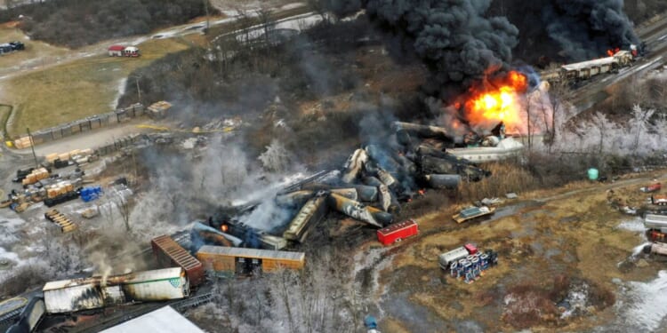 A drone photo shows portions of a Norfolk Southern freight train that derailed Feb. 3, in East Palestine, Ohio.