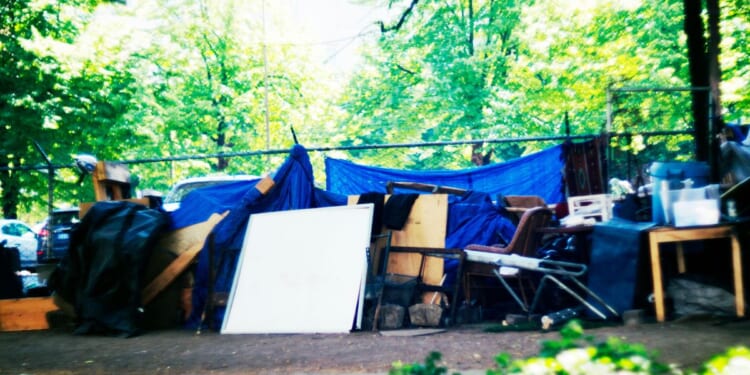 Homeless encampment is seen in an unnamed Pacific Northwest city. Citizens in Beaverton, Oregon, are complaining about a homeless shelter's location near a public school.