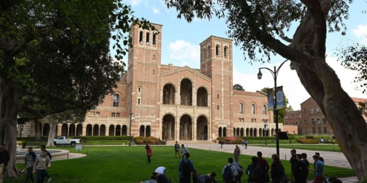 Royce Hall is shown on the campus of University of California at Los Angeles, in Los Angeles, California.