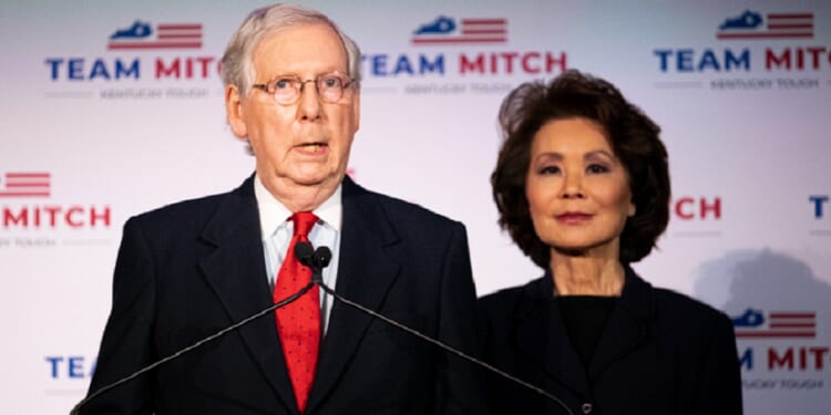 Senate Minority Leader Mitch McConnell and his wife, Elaine Chao, are pictured in a 2020 file photo after McConnell's re-election.