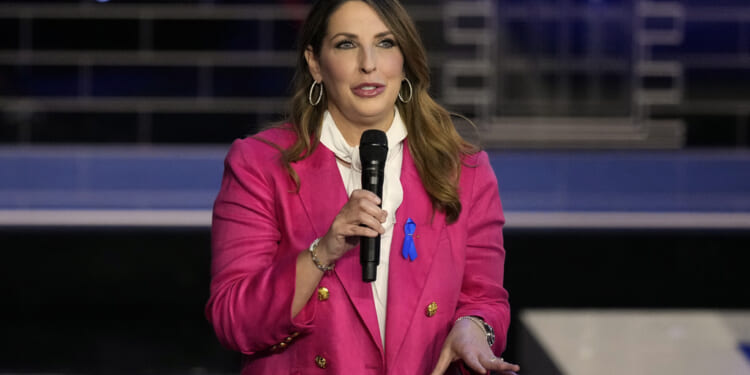 Republican National Committee chair Ronna McDaniel speaks before a Republican presidential primary debate, Nov. 8, in Miami.