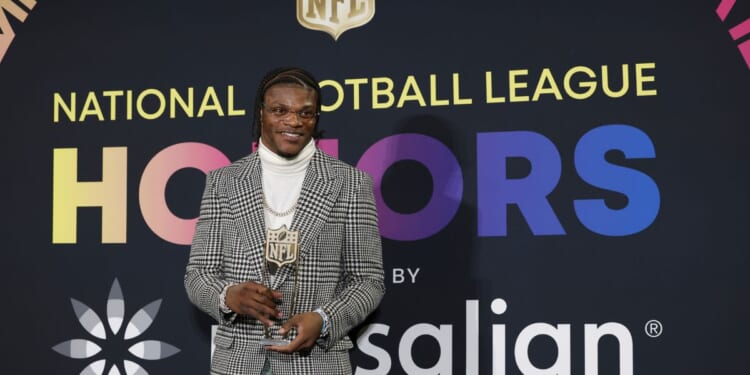 Baltimore Ravens quarterback Lamar Jackson speaks during Thursday's NFL Honors award show in Las Vegas.