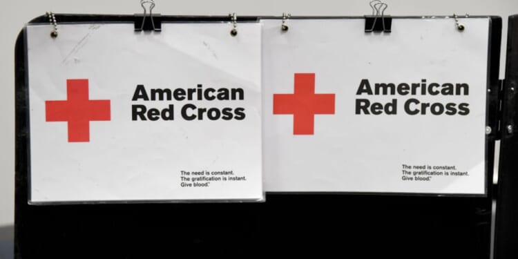 Signs are posted at an intake area during an American Red Cross blood drive in Las Vegas, Nevada.