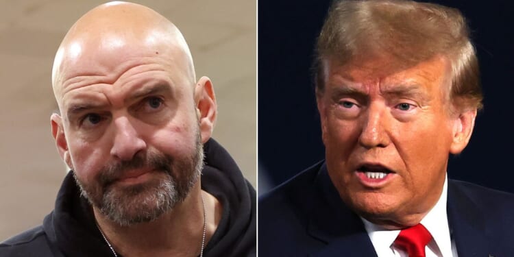 Sen. John Fetterman of Pennsylvania, left, has a warning for his fellow Democrats regarding former President Donald Trump, right.