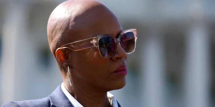 Democratic Rep. Ayanna Pressley of Massachusetts look on during a news conference outside the U.S. Capitol in Washington on April 28, 2022.