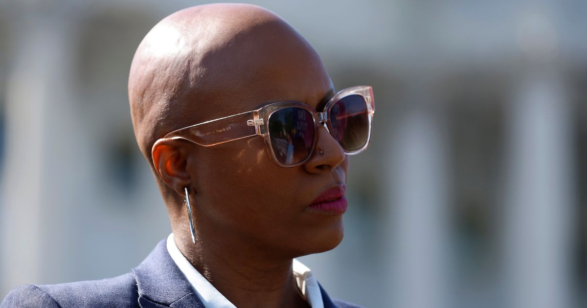 Democratic Rep. Ayanna Pressley of Massachusetts look on during a news conference outside the U.S. Capitol in Washington on April 28, 2022.