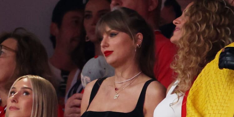 Taylor Swift reacts prior to Super Bowl LVIII between the San Francisco 49ers and Kansas City Chiefs in Las Vegas, Nevada, on Sunday.