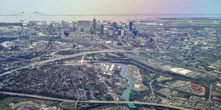 A stock photo from 2018 shows an aerial view of Cleveland and Lake Erie.