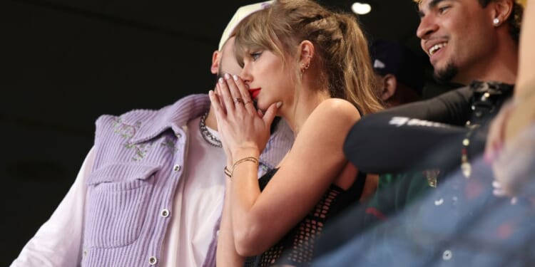 Taylor Swift reacts from her box at Super Bowl LVIII in Las Vegas, Nevada, on Sunday.