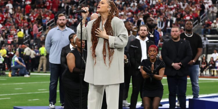 Andra Day performs “Lift Every Voice and Sing” during the Super Bowl LVIII Pregame in Las Vegas, Nevada, on Sunday.