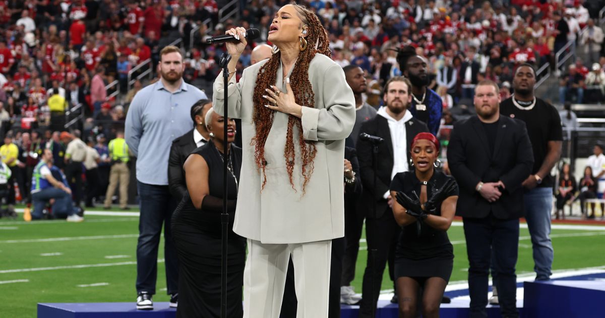 Andra Day performs “Lift Every Voice and Sing” during the Super Bowl LVIII Pregame in Las Vegas, Nevada, on Sunday.