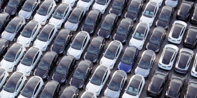 An aerial photo shows Teslas, Volkswagen, Audi and Skoda new cars in the car depot for Germany's port of Rostock Jan. 29.