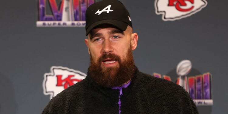 Travis Kelce of the Kansas City Chiefs speaks to the media at Westin Lake Las Vegas Resort and Spa in Henderson, Nevada, on Thursday ahead of Super Bowl LVIII on Sunday in Las Vegas.