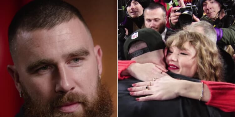 Kansas City Chiefs tight end Travis Kelce, left; right a still of video of Kelce hugging pop star Taylor Swift after the Chiefs won the AFC Championship Jan. 28.