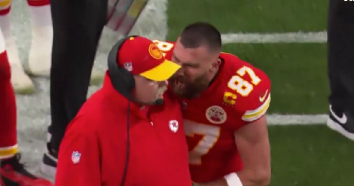 Kansas City Chiefs tight end Travis Kelce, right, yells and shoves head coach Andy Reid on the sideline during Super Bowl LVIII in Las Vegas, Nevada, on Sunday.