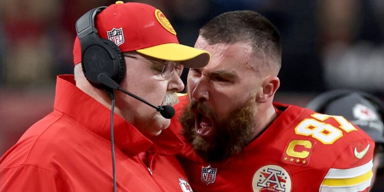 Travis Kelce of the Kansas City Chiefs screams at head coach Andy Reid in the first half of the Super Bowl against the San Francisco 49ers at Allegiant Stadium in Las Vegas on Sunday.