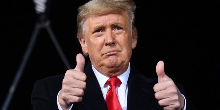 Then-President Donald Trump holds two thumbs up at a campaign rally for incumbent Sens. Kelly Loeffler and David Perdue ahead of Senate runoff in Dalton, Georgia on Jan. 4, 2021.