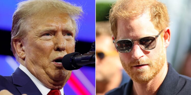 At left, Republican presidential candidate and former President Donald Trump speaks at the Conservative Political Action Conference (at the Gaylord National Resort Hotel and Convention Center in National Harbor, Maryland, on Saturday. At right, Prince Harry walks in the paddock before an F1 Grand Prix race in Austin, Texas, on Oct. 22.