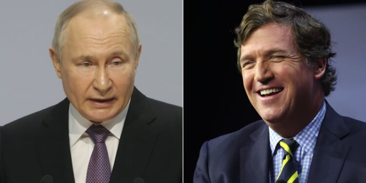 Tucker Carlson, right, announced Tuesday on X that he would be interviewing Russian President Vladimir Putin, left, while he is in Moscow, Russia.