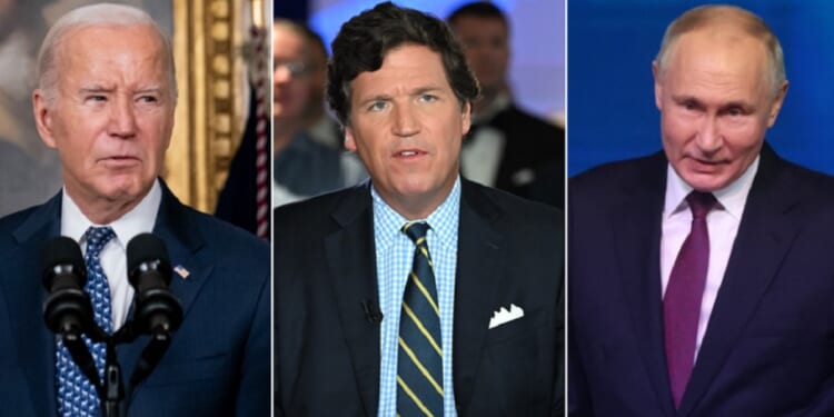 The apparent problems of President Joe Biden, left, with age and cognition have former Fox New host Tucker Carlson, center, comparing Biden unfavorably with Russian President Vladimir Putin, right.