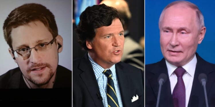 Former National Security Agency contractor and international fugitive Edward Snowden, left; former Fox News host Tucker Carlson, center; Russian President Vladimir Putin, right.