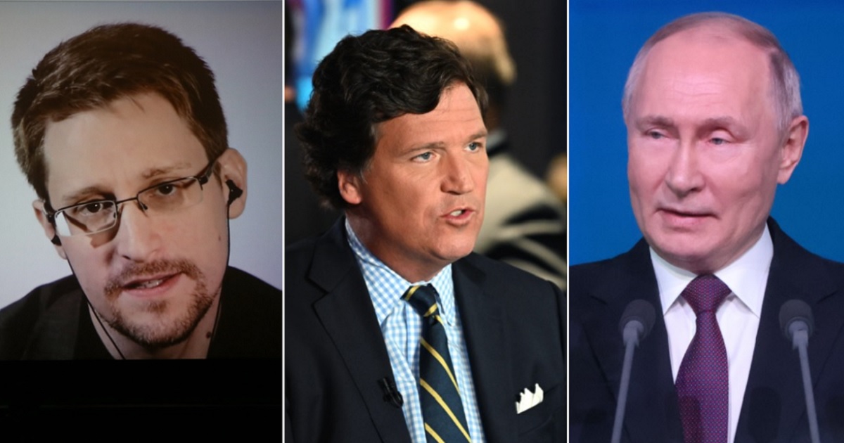 Former National Security Agency contractor and international fugitive Edward Snowden, left; former Fox News host Tucker Carlson, center; Russian President Vladimir Putin, right.