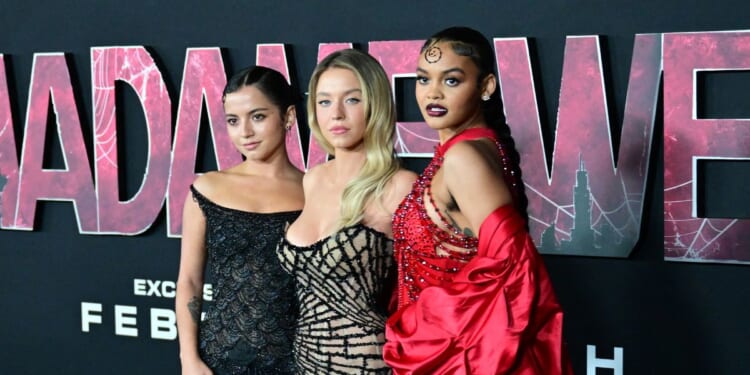 (L-R) Actresses Isabela Merced, Sydney Sweeneyand Celeste O'Connor arrive for the premiere of Sony's "Madame Web" in Los Angeles, California, on February 12, 2024.