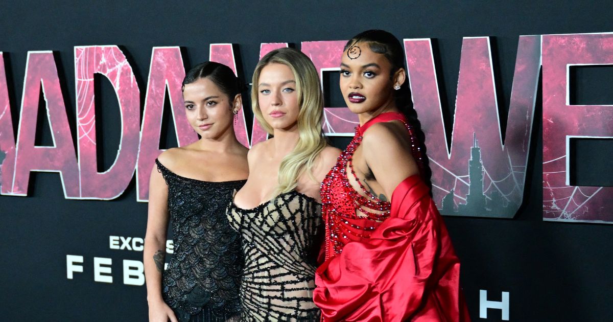 (L-R) Actresses Isabela Merced, Sydney Sweeneyand Celeste O'Connor arrive for the premiere of Sony's "Madame Web" in Los Angeles, California, on February 12, 2024.