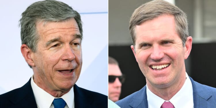 North Carolina Gov. Roy Cooper, left, and Kentucky Gov. Andy Beshear, right, co-wrote an opinion piece for USA Today assailing school choice.