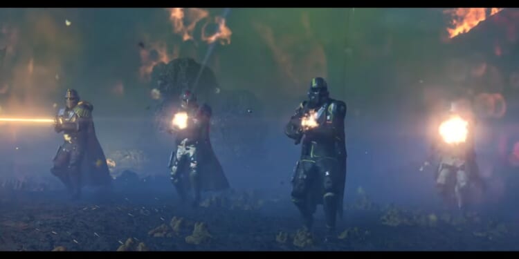 Four characters in a cinematic from the launch trailer for the video game "Helldivers 2."